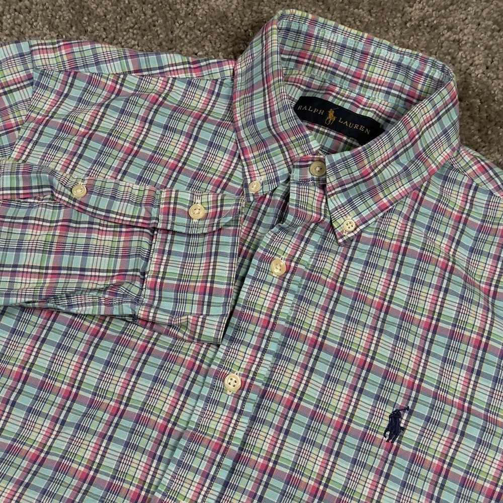 Ralph Lauren L/S Oxford Button Front Shirt Mens M Blue Pink Plaid Easter Pastel‎